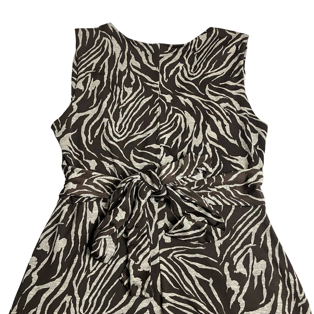 Y2K IZ Byer Zebra Dress Medium Brown Ruched Babydoll Empire Tie Waist Sleeveless - Picture 4 of 14